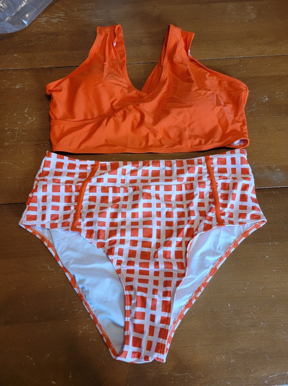Womens Orange & White Grid High Waist Two-Piece Swim Set Size XL